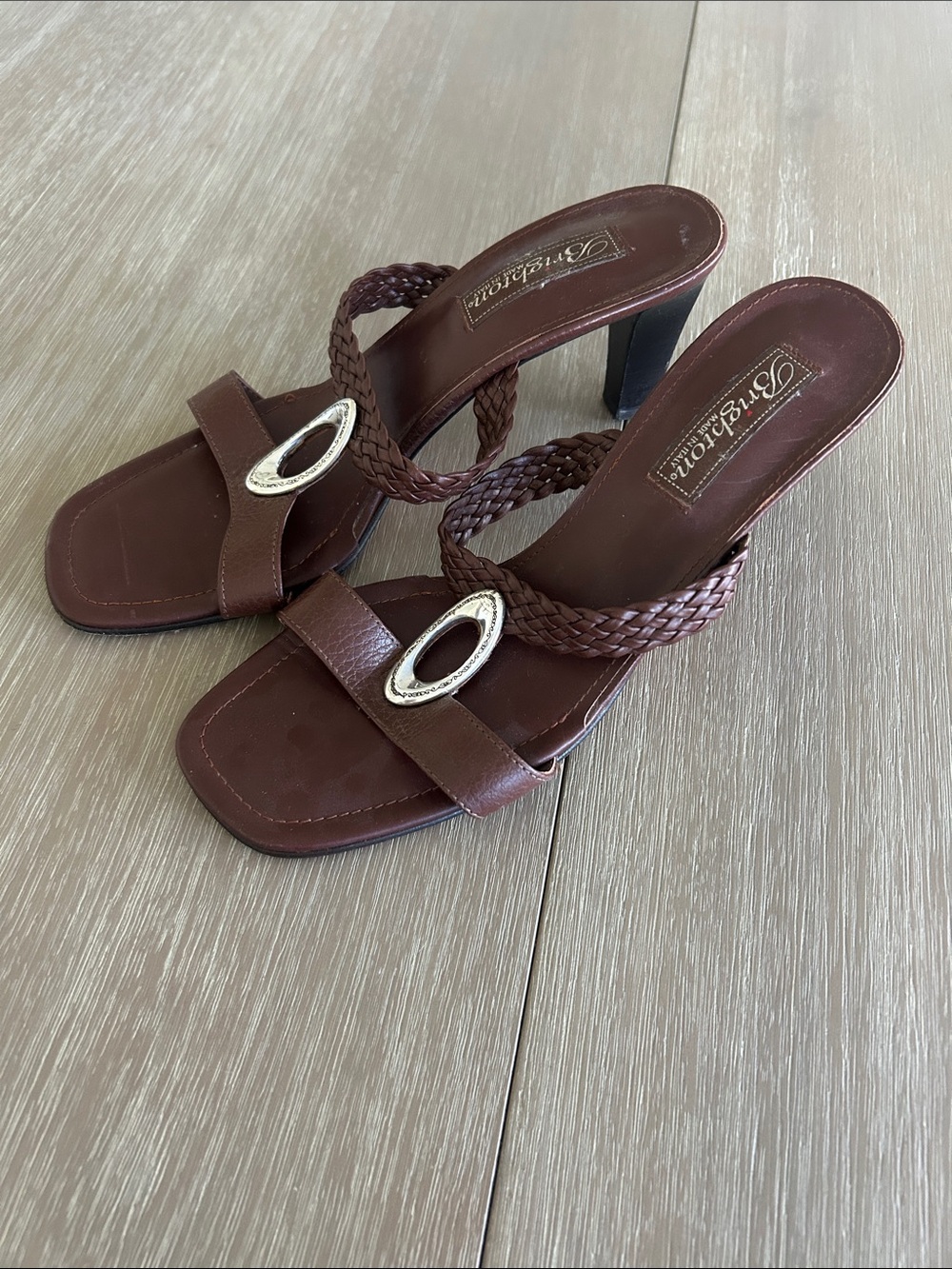 Brighton Brown Braided Leather Heeled Sandals with Silver Accent